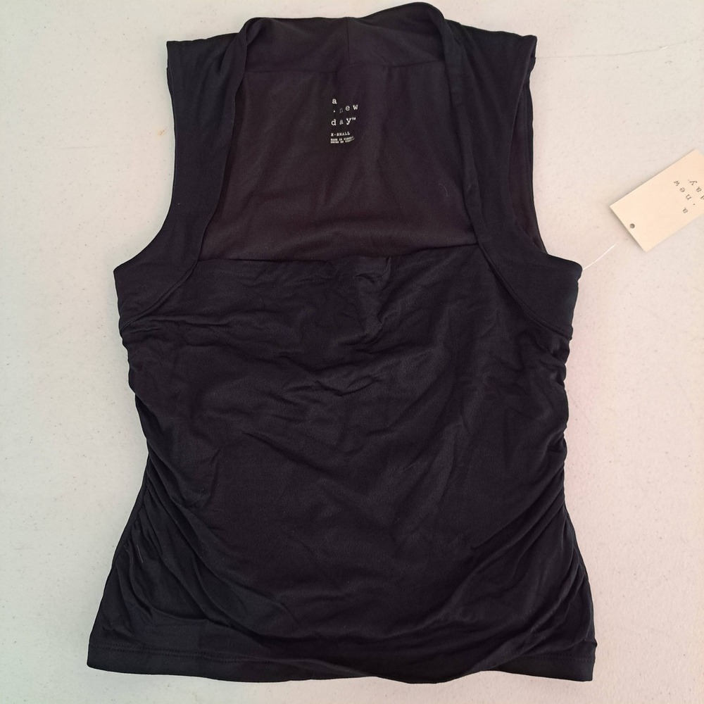 A New Day Ruched Tank Top Womens XS Black NEW Square Neck Sleeveless 1292-160